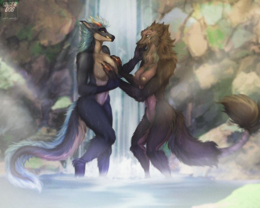 anthro breasts claws duo female female/female fur tail water emily_art mythology moksu_(character) dragon furred_dragon furred_scalie mythological_creature mythological_scalie scalie sergal 5:4 hi_res