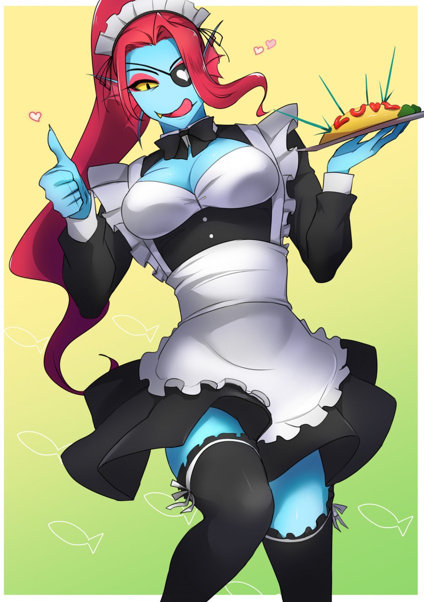 blue_body bow_tie breasts cleavage clothed clothing dress eye_patch eyewear fangs female food fully_clothed gesture hair hand_gesture legwear licking licking_lips maid_headdress maid_uniform nails omelette plate red_hair snaggle_tooth solo stockings teeth thigh_highs thumbs_up tongue tongue_out uniform torotale undertale undertale_(series) undyne animal_humanoid fish fish_humanoid humanoid marine marine_humanoid hi_res