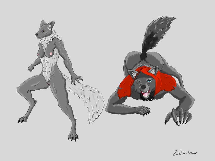 anthro athletic athletic_female barely_visible_genitalia barely_visible_pussy claws crawling duo female finger_claws fluffy fluffy_tail genitals hood male male/female nipples nude one_eye_closed open_mouth paws pussy study tail wink zulu_uwu valheim cultist_(valheim) canid canine canis mammal wolf 4:3 absurd_res hi_res