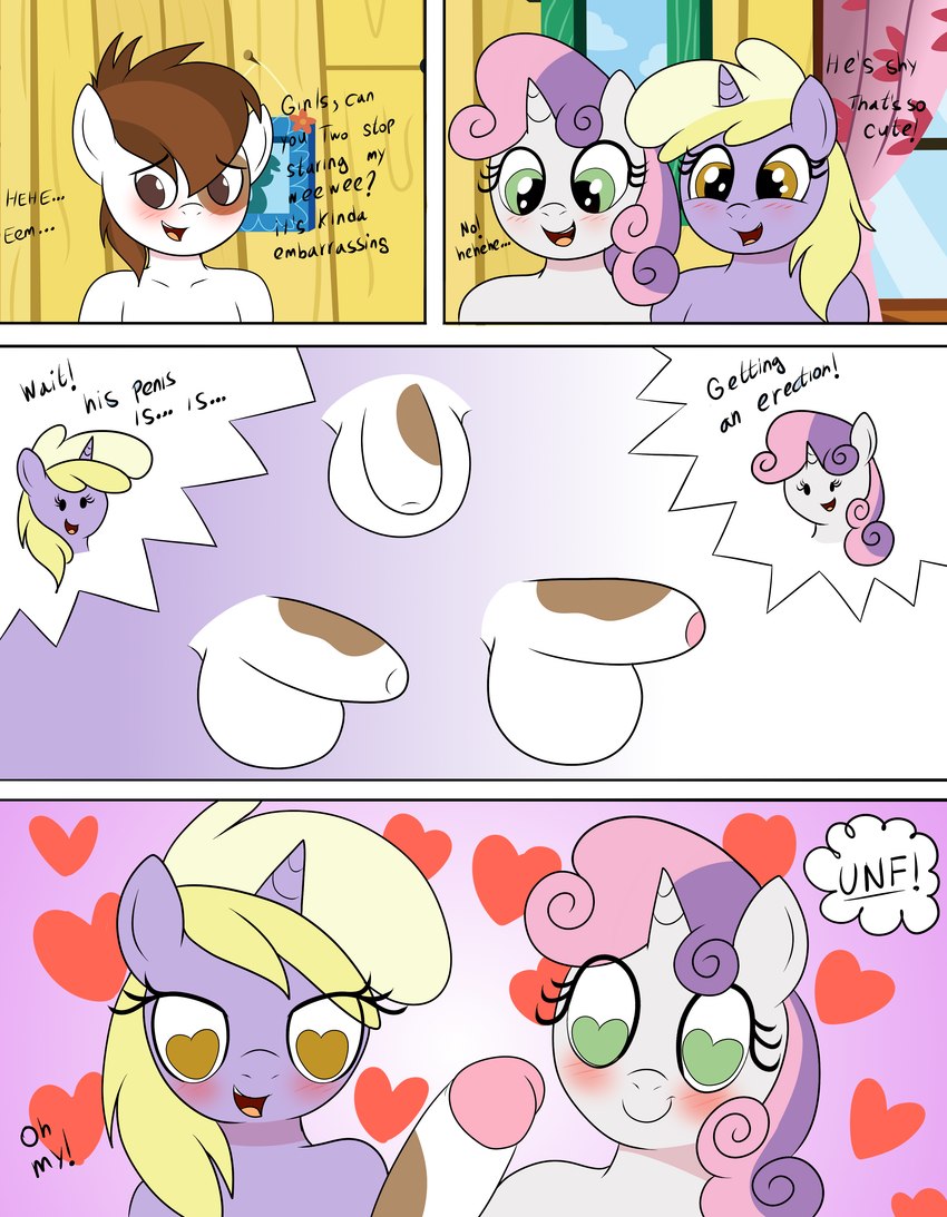 anthro clubhouse embarrassed erection exhibitionism female genitals group heart_eyes heart_symbol horn male penis text young young_anthro young_female young_male an-tonio tolpain friendship_is_magic hasbro my_little_pony mythology dinky_hooves_(mlp) pipsqueak_(mlp) sweetie_belle_(mlp) equid equine horse mammal mythological_creature mythological_equine pony unicorn absurd_res english_text hi_res