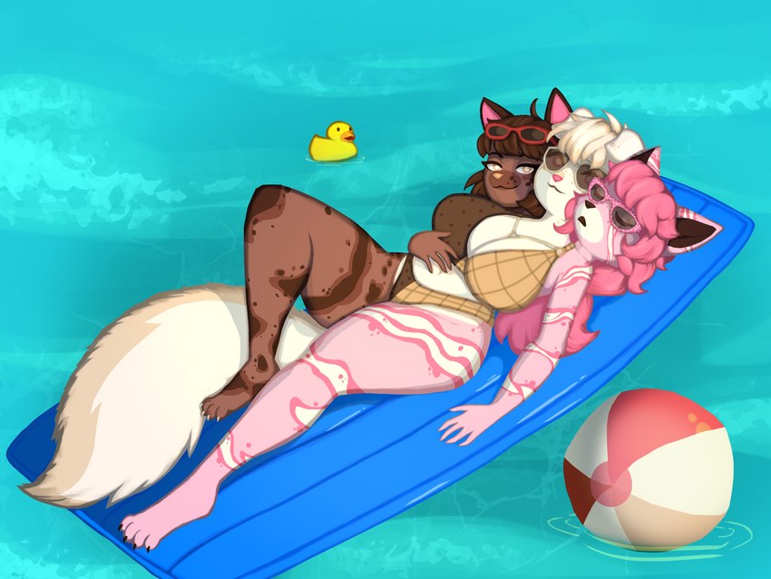 3_heads :3 anthro ball beach_ball bedroom_eyes big_tail bikini bikini_bottom bikini_top bra breasts brown_body brown_eyes brown_fur brown_hair brown_nose candy clothing dessert eyelashes eyes_closed eyewear eyewear_on_head female floppy_ears food fur hair hand_on_belly hand_on_chest inflatable long_hair looking_at_viewer lying multi_head multicolored_body multicolored_fur narrowed_eyes on_back open_mouth panties pink_body pink_eyes pink_fur pink_hair pink_nose pool pool_float pool_toy raised_leg rubber_duck seductive sleeping smile smug smug_face solo sunglasses sunglasses_on_face sunglasses_on_head swimwear tail tan_nose two-piece_swimsuit underwear water white_body white_fur white_hair wide_hips hydrola european_mythology greek_mythology mythology sherberus canid canid_demon canine cerberus demon food_creature hellhound ice_cream_creature living_candy mammal mythological_canine mythological_creature 4:3 full-length_portrait hi_res portrait