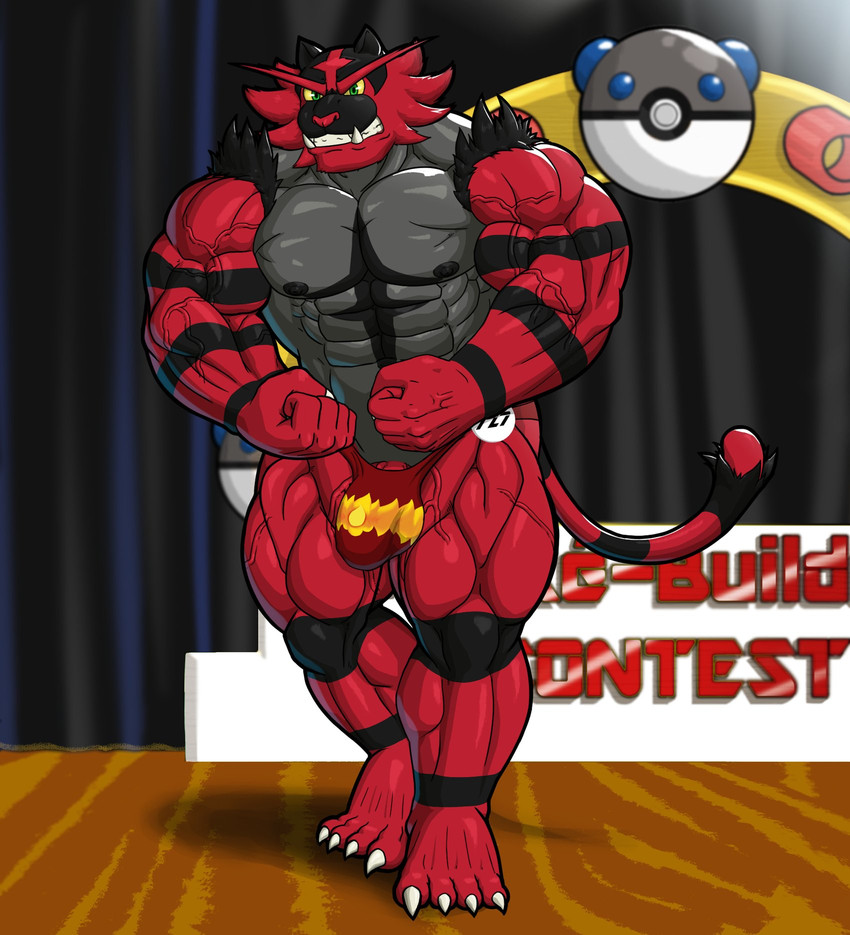 abs anthro barazoku biceps big_muscles body_builder bodybuilder_competition bulge clenched_teeth clothing competition contest flexing flexing_bicep flexing_muscles id_number inside kemobuilder male muscular muscular_anthro muscular_male nipples number pecs pose quads solo stage standing teeth thong underwear vein veiny_muscles nanbuskhan nintendo pokemon generation_7_pokemon incineroar pokemon_(species) 2020 hi_res