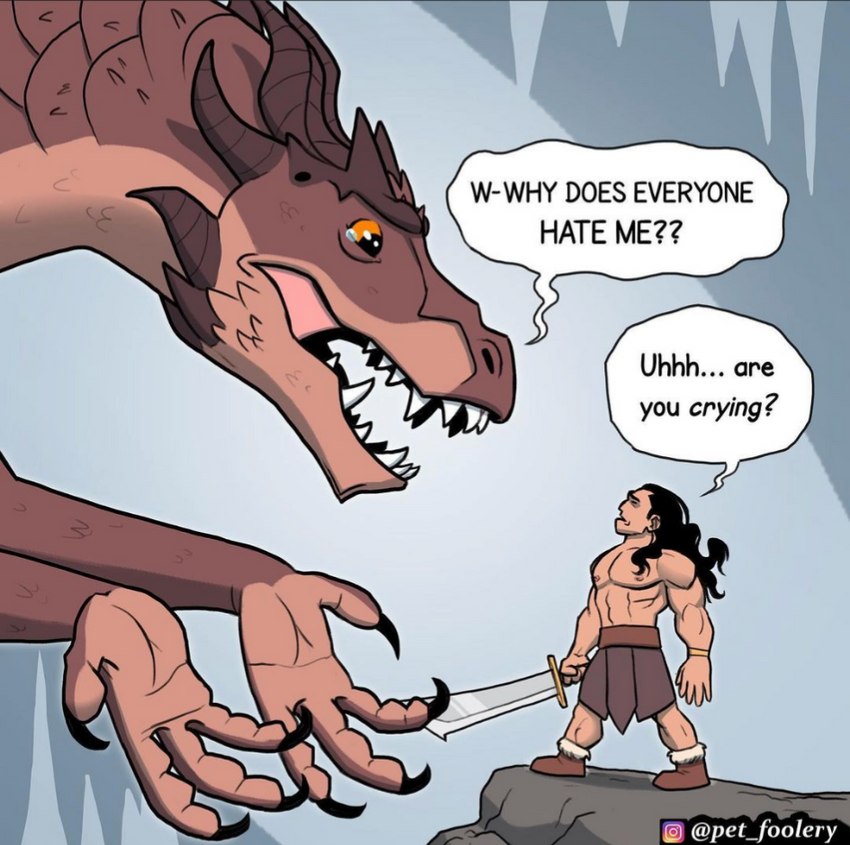 anthro begging black_hair bodily_fluids confusion duo hair male melee_weapon red_body red_scales sad scales speech_bubble sword tears text weapon pet_foolery mythology dragon human mammal mythological_creature mythological_scalie scalie english_text