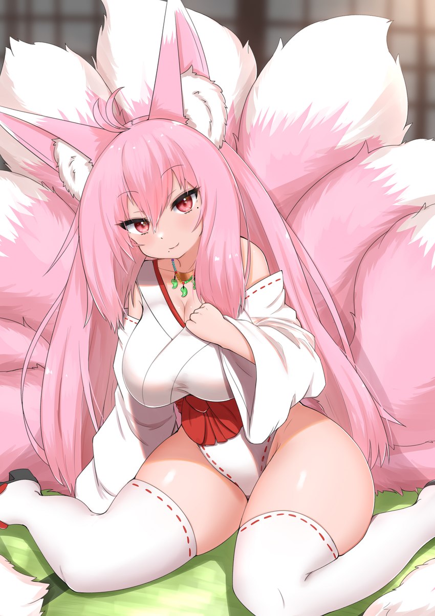 9_tails arm_support asian_clothing big_breasts blush breasts cleavage clothed clothing clothing_bow clothing_pull collarbone dipstick_ears dipstick_tail ear_markings east_asian_clothing female fluffy fluffy_tail footwear fur hair high_cut_miko_outfit huge_breasts inner_ear_fluff inside japanese_clothing jewelry kimono legwear light_body light_skin long_hair looking_at_viewer markings miko_outfit multi_tail multicolored_ears necklace obi off_shoulder pink_body pink_eyes pink_fur pink_hair sandals shirt shirt_pull shoes shoji sitting smile solo tail tail_markings tatami thick_thighs thigh_highs topwear topwear_pull tuft wariza white_body white_fur wide_hips horokusa0519 animal_humanoid canid canid_humanoid canine canine_humanoid fox fox_humanoid humanoid mammal mammal_humanoid hi_res