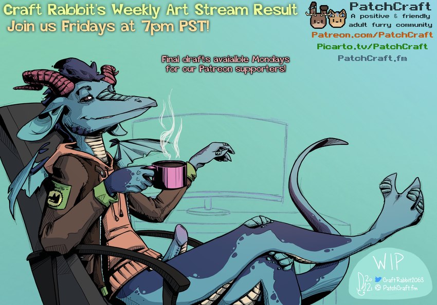 anthro beverage clothing coffee computer crossed_legs electronics genitals horn jacket lounge male penis sitting solo tail text topwear wings craft_rabbit_(artist) patchcraft mythology dragon mythological_creature mythological_scalie scalie english_text hi_res