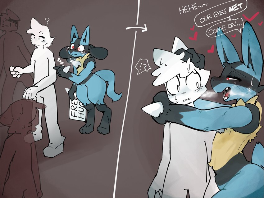 ambiguous_gender anthro bodily_fluids dialogue duo_focus free_hugs grey_background group heart_symbol hug hug_request interrobang question_mark sign simple_background speech_bubble spikes standing sweat talking_to_another tears text thought_bubble worried netchy_boo nintendo pokemon generation_4_pokemon human lucario mammal pokemon_(species) 4:3 english_text hi_res meme