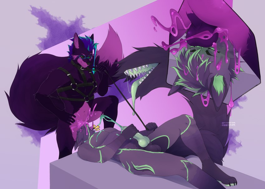 4_toes 5_fingers abstract_background animal_genitalia animal_penis anthro anthro_on_anthro anthro_penetrated anthro_penetrating anthro_penetrating_anthro arm_markings backsack balls balls_deep big_tail biped black_body black_claws black_countershading black_eyebrows black_finger_claws black_nose black_sclera blue_hair blush bodily_fluids butt canine_genitalia canine_penis cheek_tuft chest_markings claws closed_smile collar colored_cum countershade_arms countershade_face countershade_fur countershade_snout countershade_torso countershading cum cum_in_mouth cum_inside cum_on_chest cumshot cutaway cute_fangs dark_arms dark_balls dark_body dark_claws dark_fur dark_hair dark_legs dipstick_tail duo ejaculation erection eye_markings eyebrows eyes_closed eyewear facial_markings facial_tuft fangs feet finger_claws fingers fluffy fluffy_tail fur genital_fluids genitals glasses green_blush green_cum green_eyes green_highlights green_inner_ear_fluff green_knot green_markings green_pawpads green_penis green_tongue hair hand_on_hip harness harness_ring head_back head_markings highlights_(coloring) inner_ear_fluff irrumatio knee_pulled_up knot knotted_penis leash leash_pull leg_markings light_claws living_tail long_tail lying male male/male male_on_bottom male_on_top male_penetrated male_penetrating male_penetrating_male markings masturbation monotone_balls monotone_feet monotone_genitals monotone_hands monotone_tail mouth_closed multicolored_body multicolored_fur multicolored_hair navel neck_bulge nude nude_anthro nude_male on_back on_bottom on_top open_mouth oral oral_penetration pawpads paws penetration penile penile_masturbation penile_penetration penis penis_in_mouth perineum pink_body pink_butt pink_countershading pink_cum pink_eyebrows pink_finger_claws pink_fur pink_inner_ear_fluff purple_balls purple_body purple_fur purple_sheath purple_toes reverse_countershading saliva saliva_string sex sharp_teeth sheath simple_background smile snout standing tail tail_markings tail_mouth teal_highlights teeth text thigh_markings throat_swabbing toe_claws toes tongue tongue_out tuft two_tone_hair two_tone_tail unusual_anatomy unusual_bodily_fluids unusual_cum unusual_genital_fluids unusual_tail wearing_glasses xangya aqua_(aquaowolf) aquawolf xeno_(xenospur) canid canine canis hybrid mammal wolf 2025 absurd_res artist_name colored digital_drawing_(artwork) digital_media_(artwork) hi_res