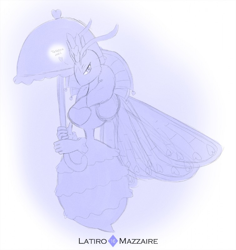 crown female floating_hands headgear heart_symbol insect_wings simple_background solo text umbrella white_background wings latiro kirby_(series) nintendo queen_sectonia arthropod bee hymenopteran insect english_text hi_res monochrome sketch