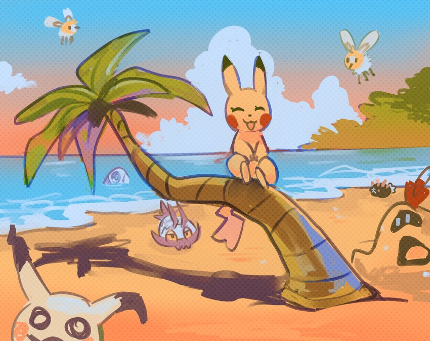 ambiguous_gender beach cheek_spots cloud day eyelashes female feral flying group looking_at_another mouth_closed open_mouth open_smile outside palm_tree partially_submerged plant red_cheeks sand sea shadow sitting sky smile tail tree water wings yellow_body yellow_tail flavia-elric nintendo pokemon flavia_(flavia-elric) cutiefly generation_1_pokemon generation_7_pokemon mimikyu pikachu pokemon_(species) pyukumuku sandygast wimpod wishiwashi wishiwashi_(solo_form) 2018 digital_media_(artwork) hi_res source_request