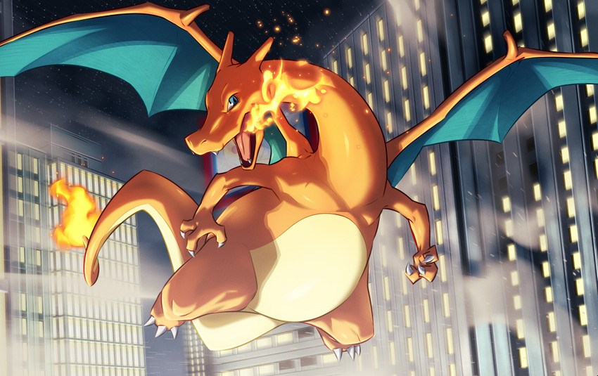 ambiguous_gender blue_eyes breath_powers building city claws elemental_manipulation fire fire_breathing fire_manipulation flying membrane_(anatomy) membranous_wings night open_mouth solo tail wings gossan nintendo pokemon charizard generation_1_pokemon pokemon_(species)