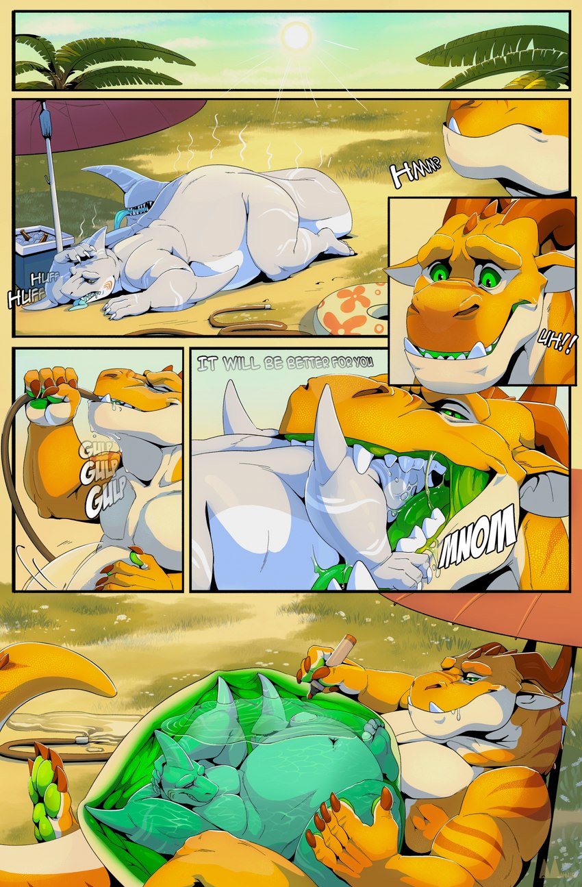 2_horns 5_fingers anthro anthro_pred anthro_prey belly big_belly bloated blue_tongue bodily_fluids bottle breath close-up cloud container cooler day dehydration dialogue drinking drooling duo elbow_fin fin fingers flotation_device fully_inside green_eyes green_insides green_pawpads green_tongue grey_body hand_behind_head hand_on_head head_fin head_in_mouth head_spikes holding_marker holding_object horn hose hose_in_mouth ice internal lounging lying male male/male male_pred male_prey marker navel neck_spikes non-mammal_navel nude on_front on_ground onomatopoeia oral_vore orange_body orange_scales outside overweight overweight_anthro palm_tree panting parasol partially_inside partially_submerged pawpads plant resting saliva saliva_string scales shark_fin six_frame_image sky sound_effects spikes spikes_(anatomy) sun tail tail_mouth teeth_showing text tongue tongue_out tree underbite unusual_anatomy unusual_tail vore water white_body willing_prey worried_for_other molnyshko mythology ryker_colossus_(ryker.colossus) dragon fish marine mythological_creature mythological_scalie scalie shark wingless_dragon comic english_text hi_res