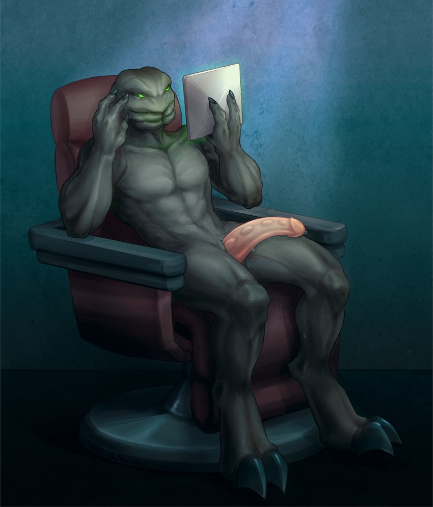 2_toes 4_fingers animal_genitalia anthro casual_erection chair erection feet fingers furniture genital_slit genitals green_eyes long_penis male mandibles penis penis_resting_on_thigh reading solo tablet toes holyravioli halo_(series) microsoft xbox_game_studios rusa_'vrahem alien sangheili absurd_res hi_res