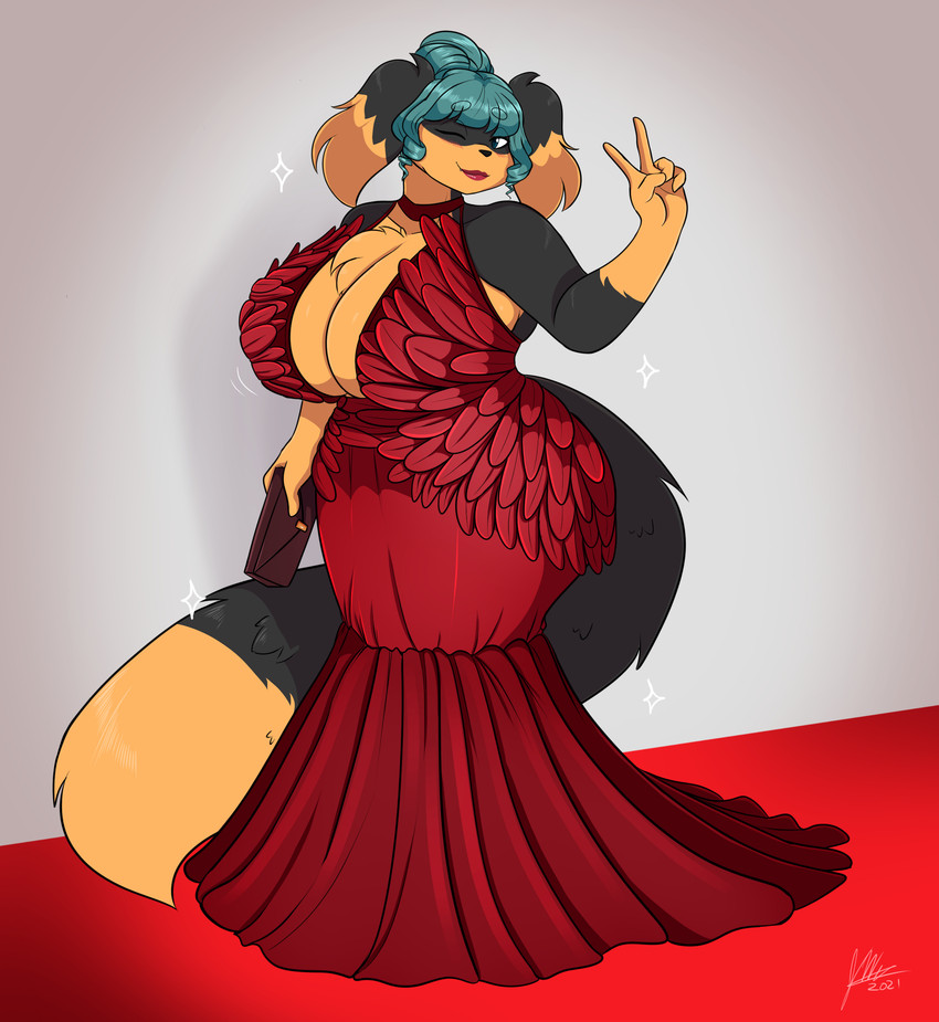 anthro big_breasts breasts clothed clothing dress female hair huge_breasts one_eye_closed red_carpet smile solo jwinkz zoey_(jwinkz) canid canine canis domestic_dog mammal absurd_res hi_res