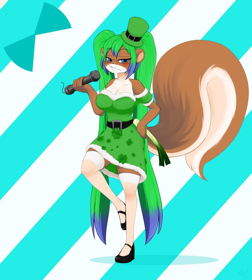 anthro blue_eyes blue_hair breasts brown_body brown_fur buckteeth cleavage clothed clothing clover_(plant) clover_leaf eyewear female food footwear four_leaf_clover fur glasses green_clothing green_hair hair ireland irish knee_highs knee_socks leaf leek legwear leprechaun_hat multicolored_body multicolored_fur multicolored_hair onion pipe_bomb plant round_ears simple_background socks solo squirrel_tail teal_background teeth twintails_(hairstyle) vegetable white_body white_fur mentalcrash mammal rodent sciurid tree_squirrel hi_res