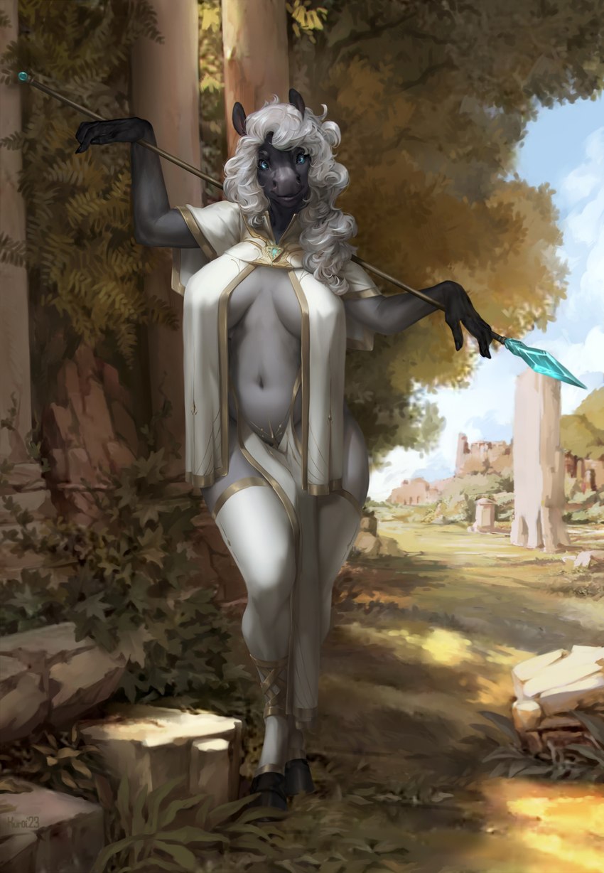 anthro belly breasts clothing dress female hair holding_object holding_weapon legwear long_hai melee_weapon messy_hair plant polearm solo spear stockings structure tree weapon kuroi-kisin equid equine mammal 2024 digital_media_(artwork) hi_res