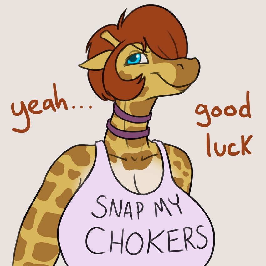 anthro big_breasts blue_eyes breasts choker clothed clothing female jewelry necklace shirt solo suggestive_topwear tank_top text text_on_clothing text_on_shirt text_on_tank_top text_on_topwear topwear hirurux until_it_snaps dab_(hirurux) giraffe giraffid mammal 1:1 english_text hi_res meme