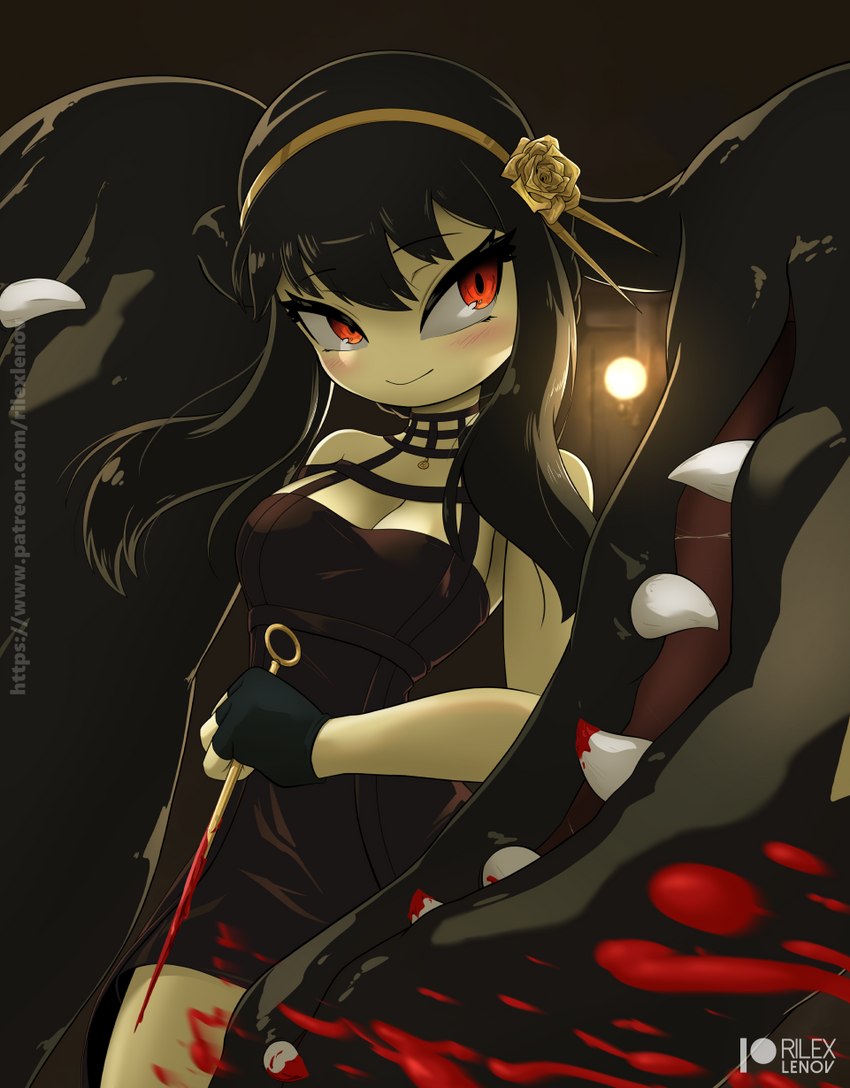 accessory anthro blood blush bodily_fluids breasts cleavage clothed clothing dress female fingerless_gloves gloves hair_accessory hairband handwear pokemorph red_eyes solo rilex_lenov nintendo pokemon spy_x_family yor_forger generation_3_pokemon mawile pokemon_(species) hi_res