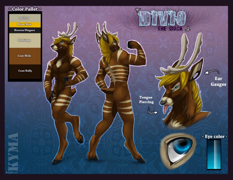 abs anthro antlers biceps blonde_hair blue_eyes brown_body brown_fur ear_piercing flexing fur gauged_ear hair hooves horn male muscular muscular_anthro muscular_male pecs piercing solo tongue tongue_piercing kyma divio deer mammal model_sheet shaded soft_shading