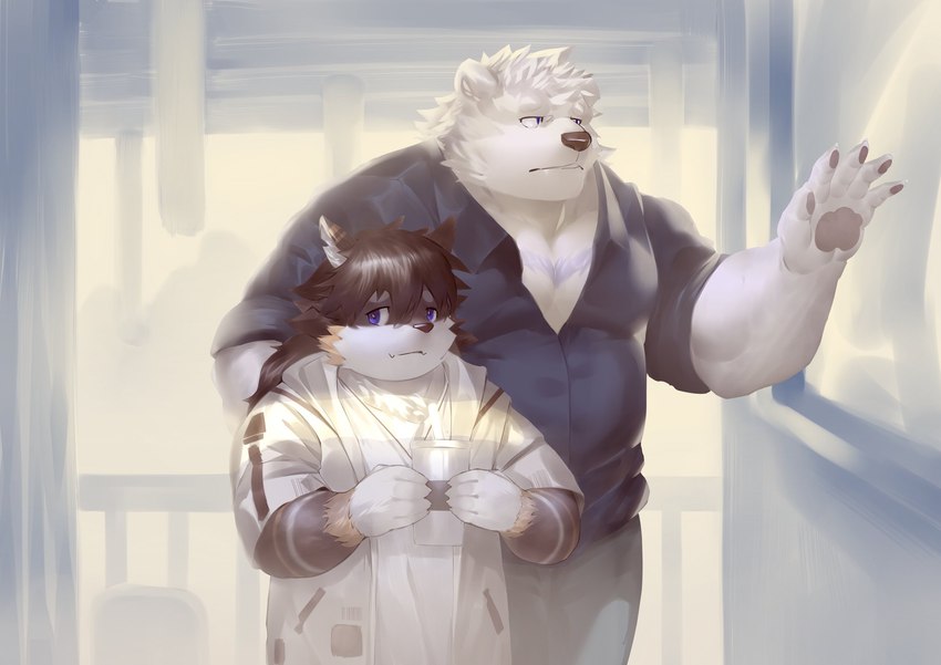 anthro biped black_body blue_eyes bottomwear clothing duo humanoid_hands kemono male overweight overweight_male pants shirt topwear white_body siraisi903 bear canid canine canis domestic_dog mammal polar_bear ursine 2022 hi_res