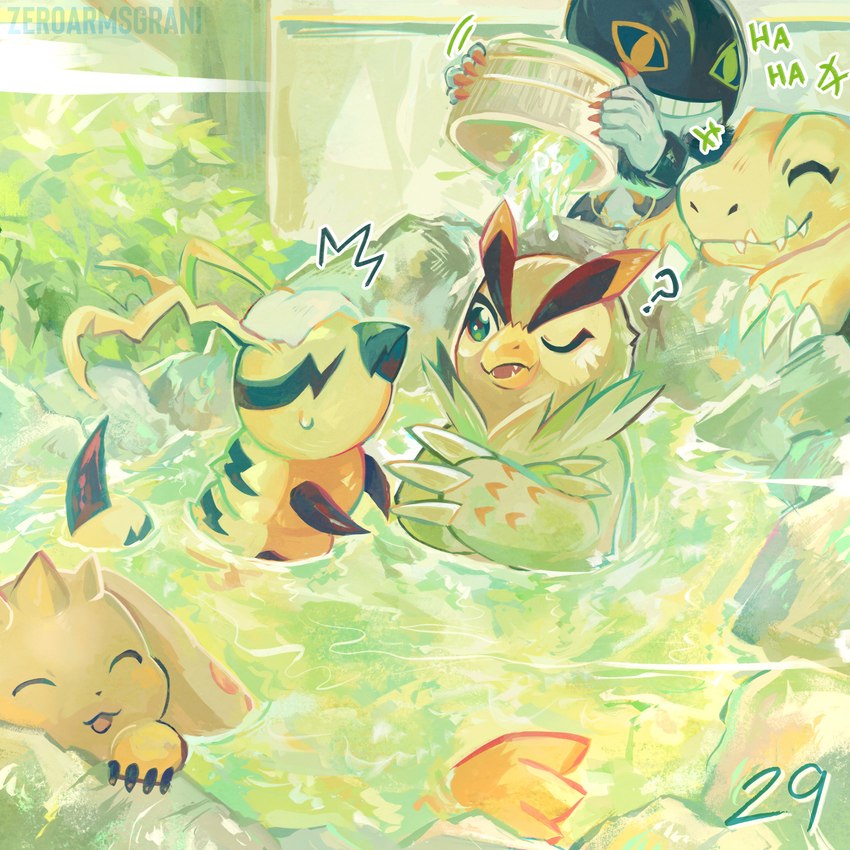 anthro bath bathing bathing_together beak brown_body brown_feathers brown_fur bucket container feathers feral fur group hot_spring male prank segmented_body water yellow_body zeroarmsgrani bandai_namco digimon digimon_survive agumon_(survive) dracmon_(survive) falcomon_(survive) kunemon_(survive) lopmon_(survive) agumon digimon_(species) dracmon falcomon kunemon lopmon 1:1 absurd_res hi_res