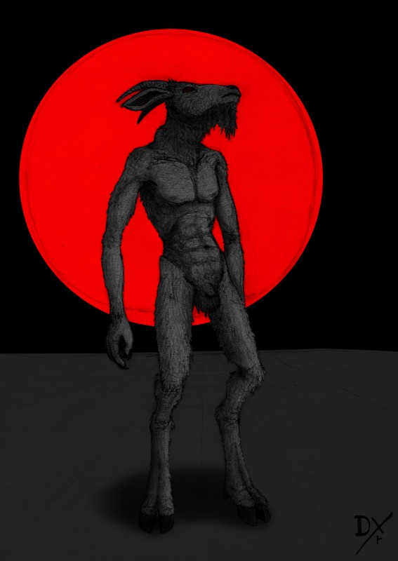 anthro balls biped claws crotch_fur dark_body dark_fur flaccid fur fuzzy_balls genitals hooves horizontal_pupils horn male navel nipples penis pupils red_eyes simple_background solo standing dekxer bovid caprine caprine_demon demon mammal satyr 2019 absurd_res graphite_(artwork) hi_res monochrome traditional_media_(artwork)