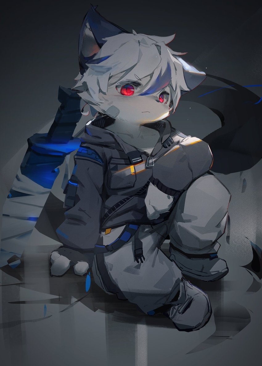 3_fingers >:< anthro arm_on_knee bandage bandage_on_face black_clothing black_ears black_hoodie black_nose black_topwear bottomwear clothed clothing collarbone fingers footwear fully_clothed fur furrowed_brow grey_bottomwear grey_clothing grey_pants hair hand_on_floor hoodie kemono light light_beam looking_off male melee_weapon narrowed_eyes pants red_eyes resting shoes sitting sneakers solo sunbeam sunlight sword topwear weapon white_body white_fur white_hair young young_anthro cuihongshi canid canine fox mammal 2021 digital_media_(artwork) hi_res