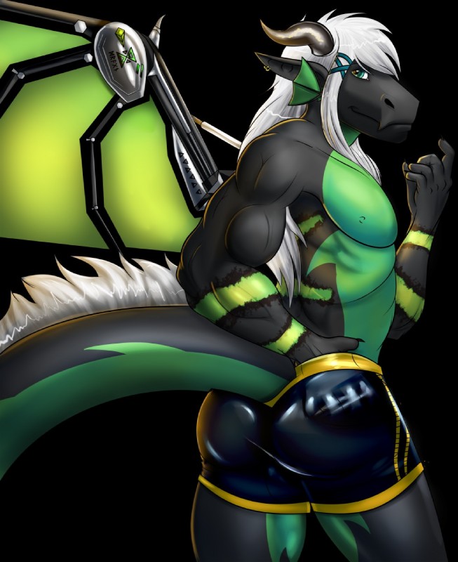 abs anthro black_body black_scales butt claws clothing green_body green_eyes green_scales hair horn latex male membrane_(anatomy) membranous_wings nipples scales simple_background smile solo tail thick_tail white_hair wings azaeldragon kalidragon european_mythology mythology azael_dragonfang dragon mythological_creature mythological_scalie reptile scalie western_dragon 2018 digital_media_(artwork) hi_res