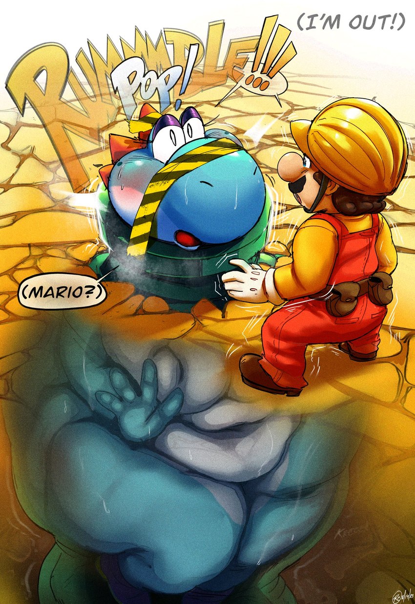 anthro biped blush duo eyelashes eyeshadow female makeup male navel nude open_mouth thick_thighs thought_bubble wide_hips rchammer mario_bros nintendo mario sophia_(rchammer) cyan_yoshi yoshi 2023 digital_media_(artwork) hi_res