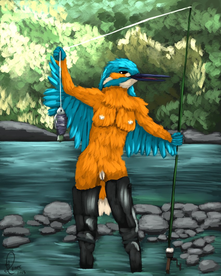 animal_genitalia anthro beak boots breasts cloaca clothing creek feathers female fishing fishing_rod footwear genitals leaf nude partially_submerged plant rock shoes solo tree water yenocwolf birdtember avian bird coraciiform fish kingfisher marine 4:5 absurd_res hi_res