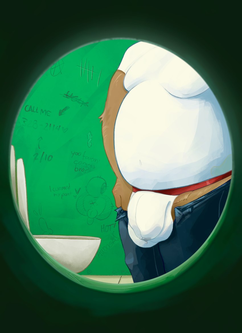 anarchy_symbol anthro anus balls_outline bathroom belly big_bulge biped bodily_fluids bottomwear bottomwear_down brown_body brown_fur bulge clothed clothing detailed_bulge directional_arrow dripping fur genital_fluids genital_outline glory_hole graffiti heart_symbol male male_anthro moobs navel obese obese_anthro obese_male overweight overweight_anthro overweight_male pants pants_down partially_clothed penis_outline precum precum_drip precum_through_clothing precum_through_underwear public_restroom shirt solo stained_clothing tally_marks text toilet topwear underwear undressing western_tally_marks wet wet_clothing white_clothing white_shirt white_topwear x_anus crunchychip among_us cool_s innersloth bear mammal ursine english_text hi_res