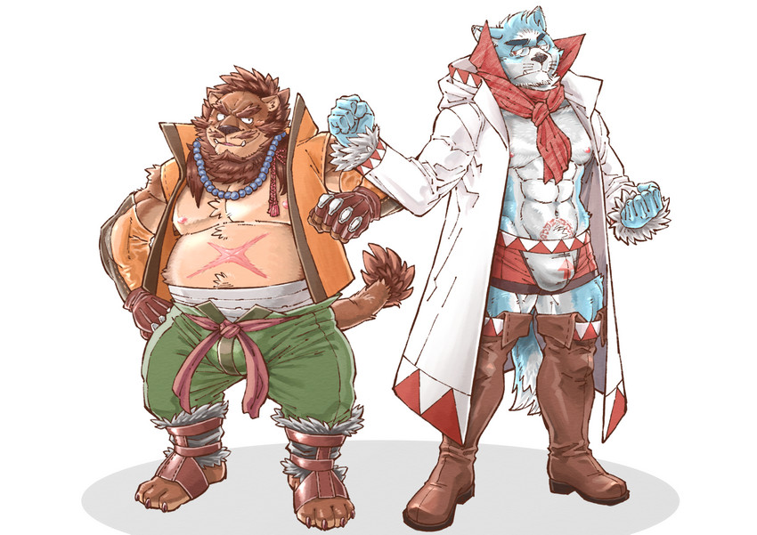 anthro barazoku belly blue_body blue_fur bottomwear brown_body brown_fur bulge clothing duo fur humanoid_hands kemono male muscular overweight overweight_male pants simple_background white_background white_body white_fur ryuta-h canid canine canis felid lion mammal pantherine wolf 2018