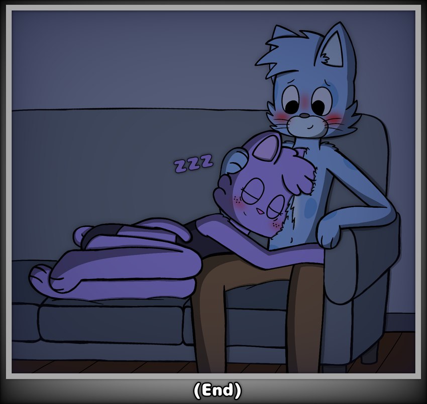 anthro blush bra clothed clothing cuddling duo female freckles fur hair happy love male male/female markings navel panties polka_dots romantic romantic_ambiance romantic_couple shirtless sleeping smile spots spotted_body spotted_fur tail text the_end underwear whiskers eggnaug lucy_(eggnaug) marshall_(eggnaug) domestic_cat felid feline felis mammal 2024 colored digital_drawing_(artwork) digital_media_(artwork) hi_res shaded url