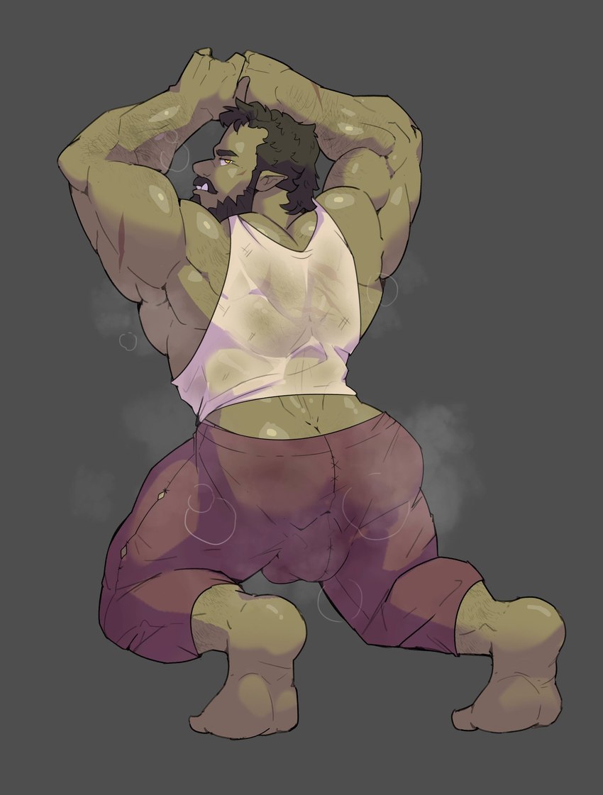 beard butt facial_hair green_body green_skin humanoid_pointy_ears male muscular muscular_humanoid muscular_male musk musk_clouds mustache not_furry plantar_flexion pointy_ears presenting presenting_hindquarters rear_view solo daspurplesong humanoid orc hi_res