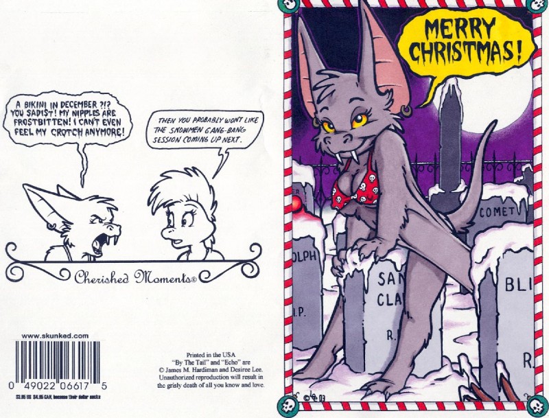 angry anthro card_template cemetery clothed clothing dialogue duo ear_piercing fangs female fur grey_body grey_fur holidays looking_at_viewer membrane_(anatomy) membranous_wings moon nipple_outline open_mouth outside piercing postcard seductive smile snow tail teeth text winged_arms wings yellow_eyes desiree_lee christmas desiree_(jmh) echo_(jmh) bat lizard mammal reptile scalie 2003 english_text