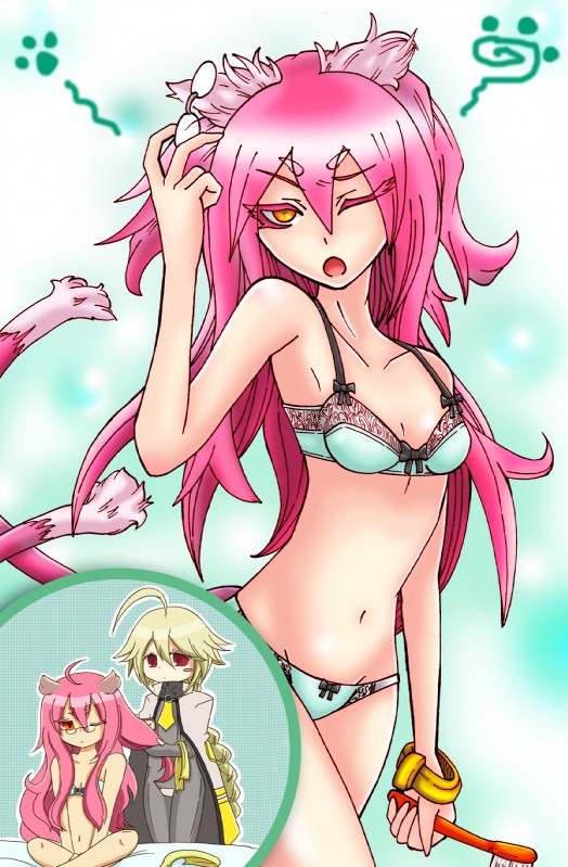 amber_eyes blonde_hair blush breasts brush clothing duo eyewear female fur glasses hair holding_object looking_at_viewer navel pink_hair pink_tail red_eyes sitting small_breasts standing tail toothbrush underwear white_body white_fur otminmin arc_system_works blazblue kokonoe_mercury lambda-11 animal_humanoid cat_humanoid felid felid_humanoid feline feline_humanoid human humanoid mammal mammal_humanoid 2014 hi_res