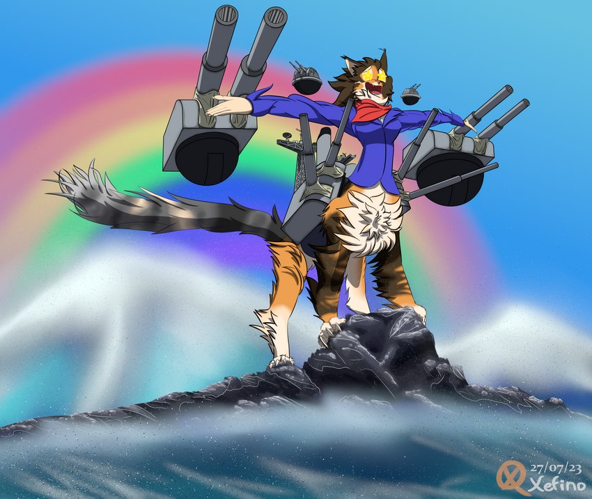 anti_aircraft_guns barrels blue_clothing blue_sky breasts brown_body brown_fur clothed clothing female flying_guns flying_turrets funnel fur gun happy long_fur machine main_guns military_equipment multicolored_body multicolored_fur orange_body orange_fur pose quadruped radar rainbow ranged_weapon red_scarf rock scarf secondary_gun sky solo star_eyes turret water wave weapon xefino azur_lane cat_taur domestic_cat felid felid_taur feline feline_taur felis mammal mammal_taur taur absurd_res hi_res huge_filesize