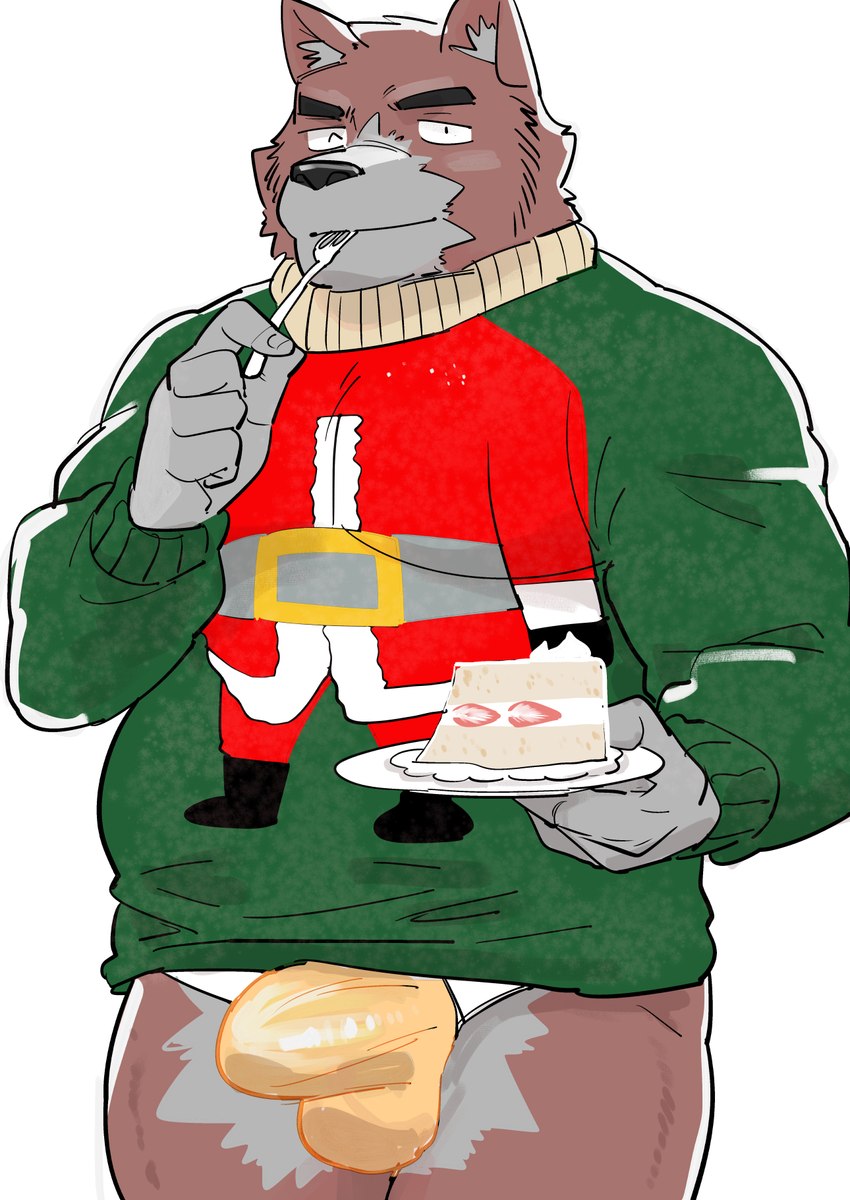 anthro balls_outline bulge cake christmas_clothing christmas_sweater christmas_topwear clothing dessert detailed_bulge eating food genital_outline holidays humanoid_hands kemono male one_eye_closed penis_outline slightly_chubby solo sweater topwear underwear ujishiyo christmas canid canine canis domestic_dog mammal 2022 hi_res