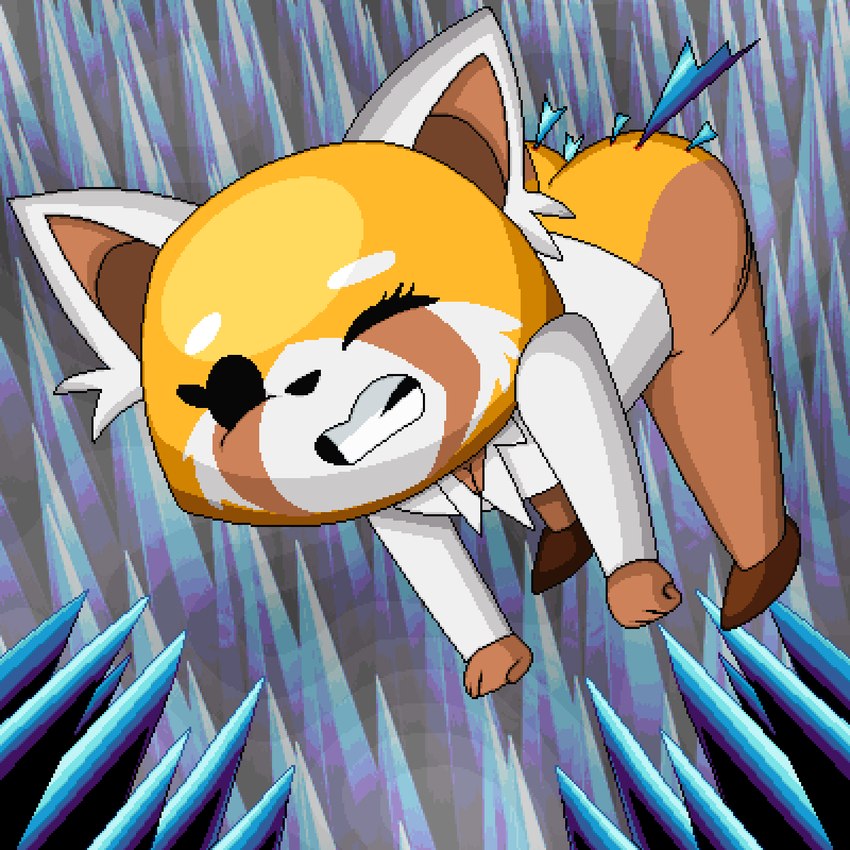 anthro bottomless bottomless_anthro bottomless_female breasts brown_body brown_fur butt cleavage clothed clothing female fur orange_body orange_fur solo stab white_body white_fur wince wounded anyplant088 semidraws aggretsuko sanrio retsuko ailurid mammal red_panda 1:1 aliasing digital_media_(artwork) hi_res pixel_(artwork)