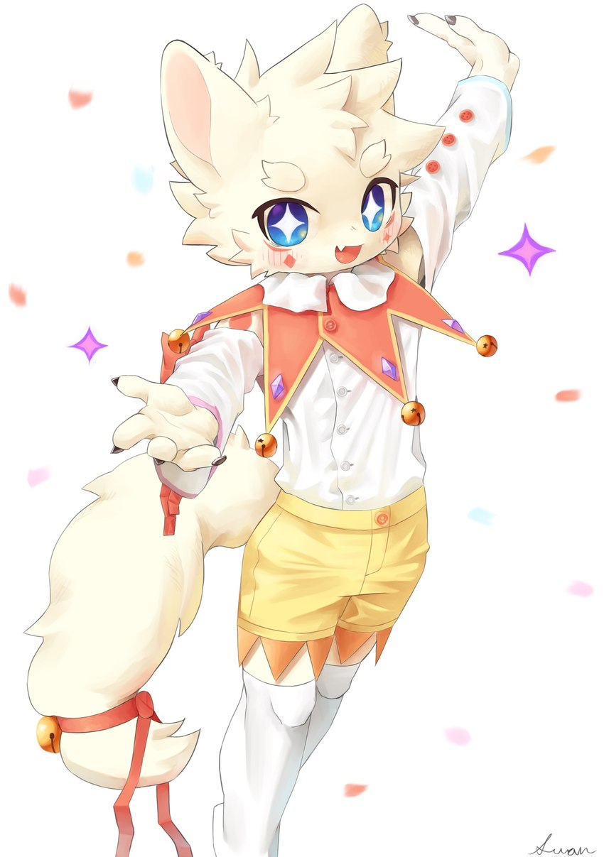 4_fingers anthro blue_eyes blush bottomwear cheek_tuft claws clothing dress_shirt facial_tuft fingers fluffy fluffy_tail fur kemono legwear long_socks long_tail male one_tooth open_mouth pupils ribbons shirt shorts simple_background smile smiling_at_viewer solo star_eyes tail topwear tuft white_background white_body white_fur yellow_clothing yellow_legwear young young_male swanarts hi_res signature