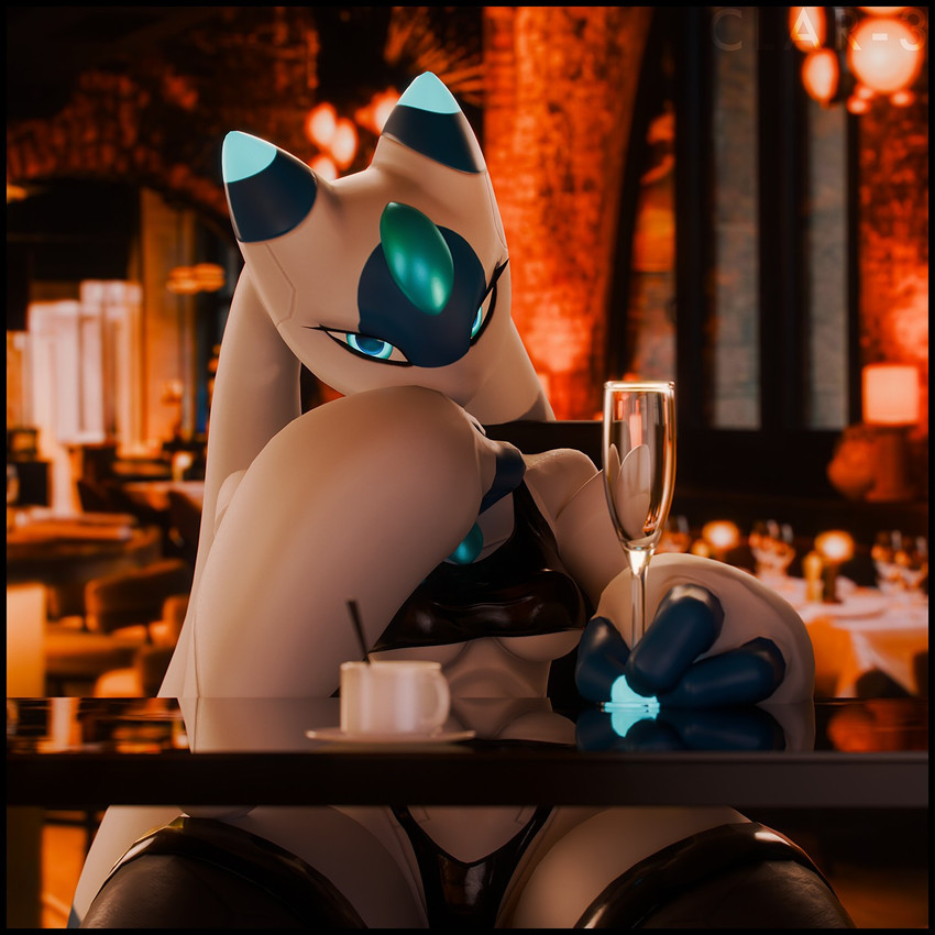 2_horns 3_fingers anthro black_clothing black_legwear black_panties black_shirt black_thigh_highs black_topwear black_underwear blue_body breasts clothed clothing container crop_top cup date drinking_glass female fingers forehead_gem gem glass glass_container glass_cup glowing glowing_eyes glowing_horn holding_container holding_cup holding_drinking_glass holding_object holding_wine_glass horn inside legwear looking_at_viewer medium_breasts midriff mouthless palmorph panties pantsless pantsless_anthro pantsless_female restaurant shirt sitting solo thick_thighs thigh_highs topwear under_boob underwear white_body wine_glass thenicedragon warfaremachine_(modeler) palworld pocketpair lunaris_(pal) pal_(species) 1:1 3d_(artwork) digital_media_(artwork) hi_res warm_colors