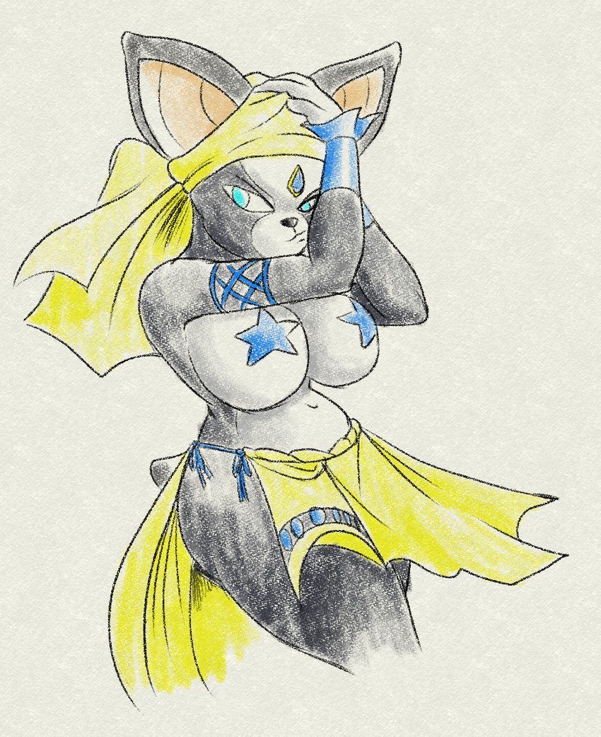 anthro big_breasts black_body black_fur bottomwear breasts clothing crossgender female forehead_gem fur gem hand_on_head head_scarf loincloth mtf_crossgender pasties smile smirk solo star_pasties fourssss jojo's_bizarre_adventure iggy_(jjba) midler canid canine canis domestic_dog mammal meme