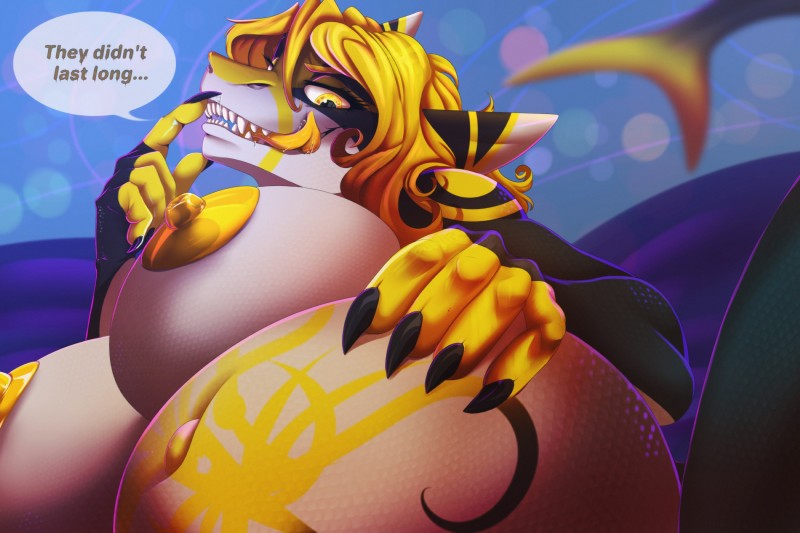 5_fingers anthro anthro_pred areola belly big_belly big_breasts breasts dialogue fatal_vore female fingers hair huge_breasts licking licking_lips licking_own_lips nipples non-mammal_breasts self_lick solo teeth text tongue tongue_out vore yellow_areola yellow_nipples helaviskrew neomi_(golderoug) fish marine shark 2018 absurd_res digital_media_(artwork) english_text hi_res