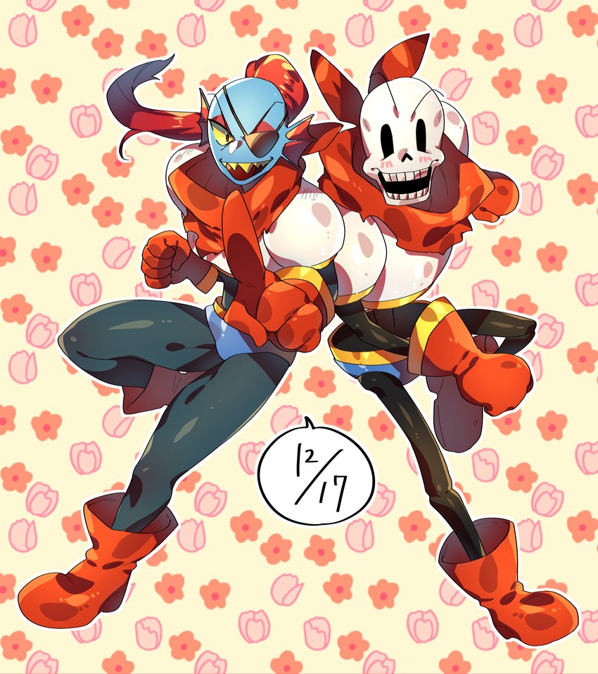 armor blue_body blue_skin bone bottomwear clothing cosplay costume duo eye_patch eyewear female floral_background gloves hair handwear pants ponytail red_hair red_scarf scarf sharp_teeth shorts skeleton teeth yellow_sclera pugthe2ro undertale undertale_(series) papyrus_(undertale) undyne animal_humanoid fish fish_humanoid humanoid marine marine_humanoid hi_res