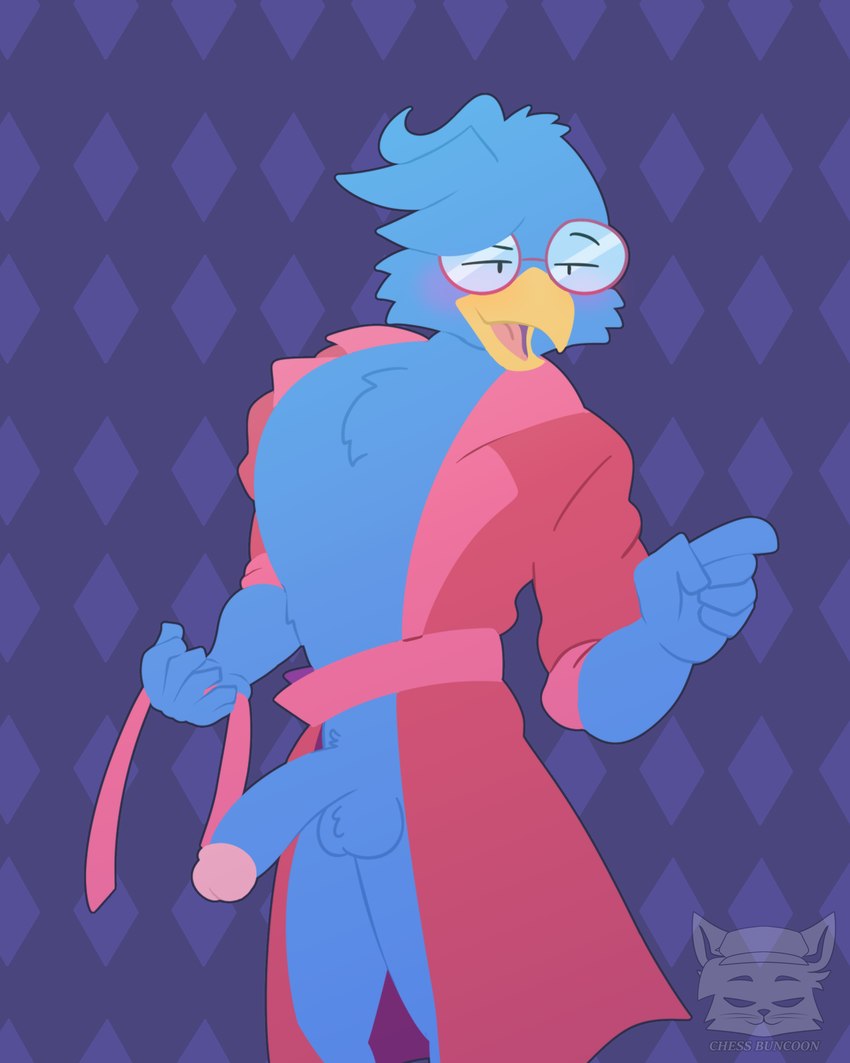 balls bathrobe blush clothing eyewear genitals glasses half-erect male penis robe solo chess_buncoon ratwork avian bird blue_bird 4:5 absurd_res hi_res