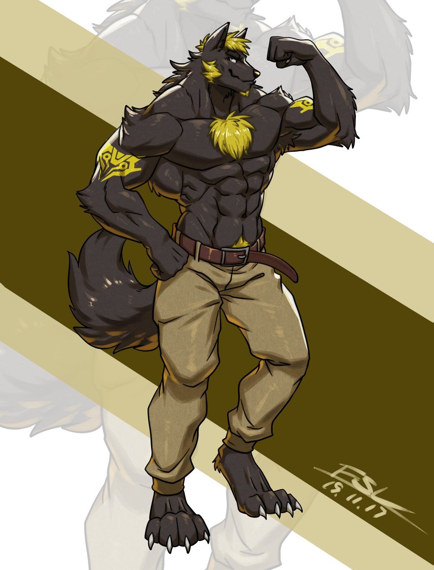 4_toes anthro arm_tattoo barefoot belt biceps black_body black_fur blonde_hair blue_eyes bottomwear brown_bottomwear brown_clothing brown_pants chest_tuft clothed clothing crotch_tuft feet flexing flexing_bicep fluffy fluffy_tail fur hair hand_on_hip male muscular muscular_anthro muscular_male pants smile solo tail tattoo toes topless topless_anthro topless_male tuft yellow_body yellow_fur yellow_tattoo fansl canid canine canis mammal wolf 2019 character_request dated digital_media_(artwork) hi_res signature