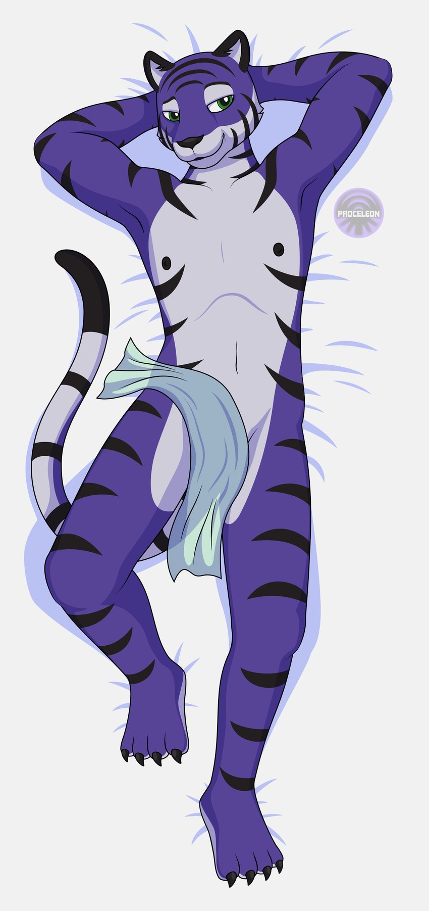 anthro belly black_lips black_nose cheek_tuft claws cloth dakimakura facial_tuft front_view fur green_eyes hands_behind_head inner_ear_fluff lips lying male navel nipples nude on_back plantigrade purple_body purple_fur seductive simple_background smile smirk solo striped_body striped_fur stripes tuft white_background white_belly proceleon pierce_baggar bengal_tiger felid mammal pantherine tiger absurd_res dakimakura_design hi_res watermark