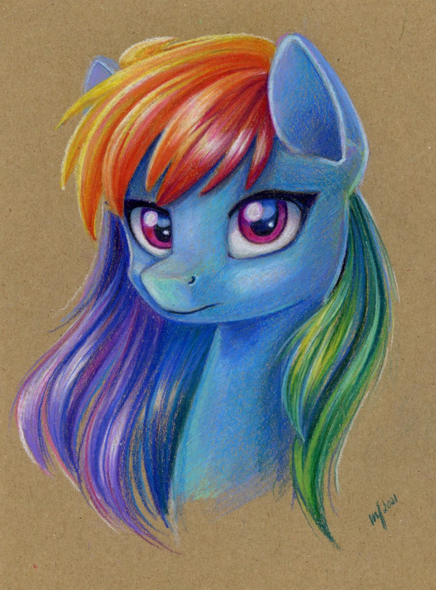 blue_body eyelashes female feral hair looking_at_viewer multicolored_hair rainbow_hair solo three-quarter_view wings maytee friendship_is_magic hasbro my_little_pony mythology rainbow_dash_(mlp) equid equine horse mammal mythological_creature mythological_equine pegasus pony 2021 bust_portrait colored_pencil_(artwork) hi_res portrait signature traditional_media_(artwork)