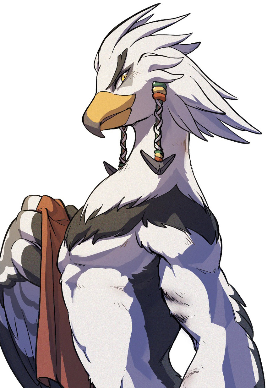 anthro beak clothed clothing feathers looking_at_viewer male simple_background smile topless white_background white_body white_feathers lan_rizardon breath_of_the_wild nintendo the_legend_of_zelda teba_(tloz) avian bird rito hi_res