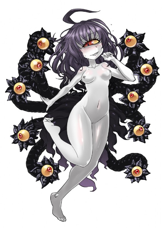 areola blush bodily_fluids breasts female front_view grey_areola grey_body grey_nipples grey_skin ineffective_censorship looking_at_viewer monster_girl_(genre) multi_eye navel nipples nude red_eyes small_breasts smile solo sweat tentacles yellow_sclera kazuhiro monster_girl_encyclopedia gazer_(mamono_girl_lover) beholder cyclops gazer humanoid mammal monster monstrous_humanoid tentacle_creature censored full-length_portrait hi_res portrait