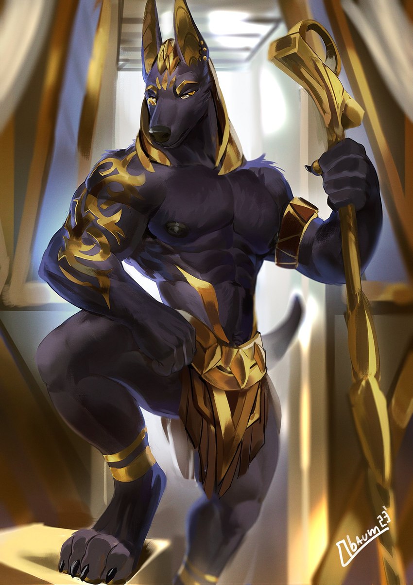 abs anthro big_pecs biped black_body black_fur black_nipples black_nose claws clothing digitigrade egyptian egyptian_clothing egyptian_headdress finger_claws fur gold_markings holding_object holding_staff looking_at_viewer male markings muscular muscular_anthro muscular_male nipples pawpads paws pecs solo staff step_pose toe_claws yellow_eyes obaum kaphiri_(vic_johansen) anubian_jackal canid canine canis jackal mammal 2022 digital_media_(artwork) hi_res